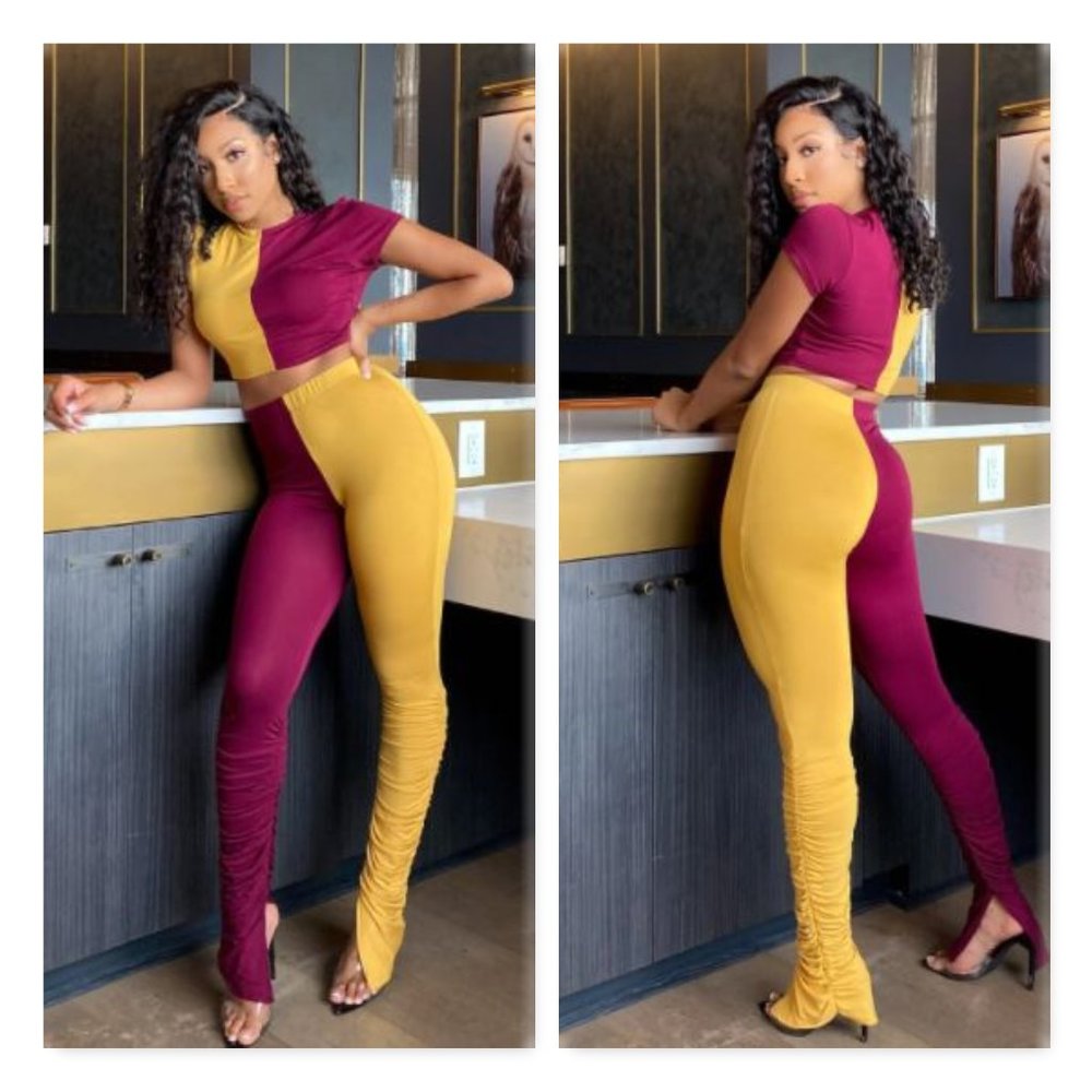 Color Block Top & Ruched Pants Set